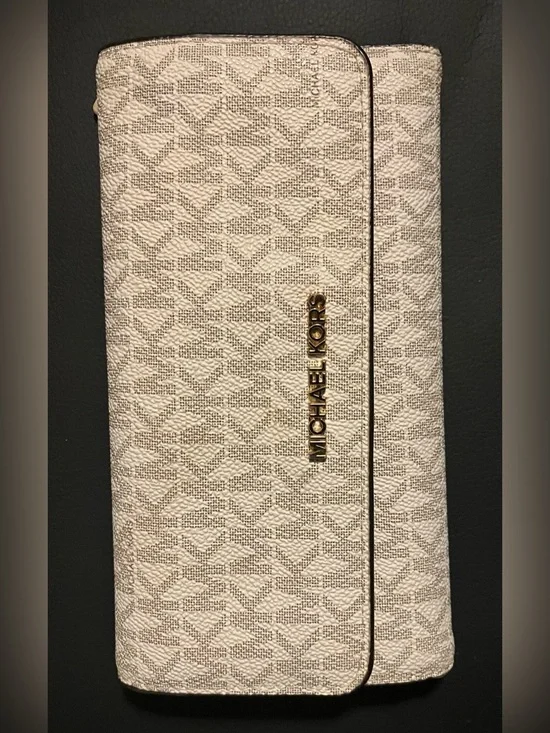Michael Kors Beige Cream Logo Continental Wallet with Gold Hardware