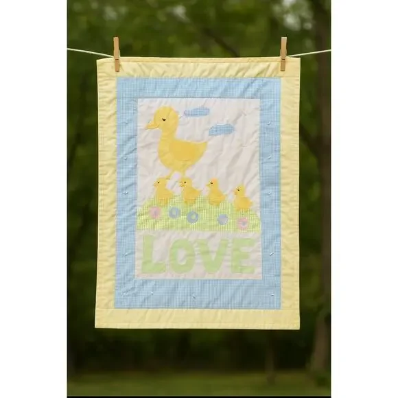 Cottagecore Baby Quilt Yellow Duck Appliqué‎ LOVE Nursery Wall Hanging Blanket