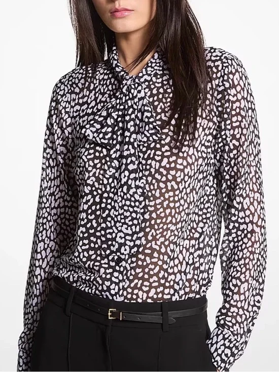Michael Kors Graphic Leopard Print Georgette Tie-Neck Blouse