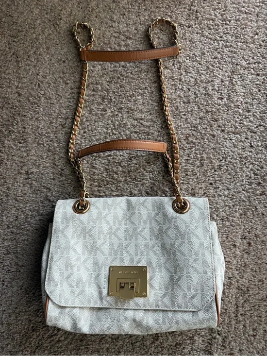 Michael Kors Ivory Signature MK Chain Shoulder Bag with Tan Trim