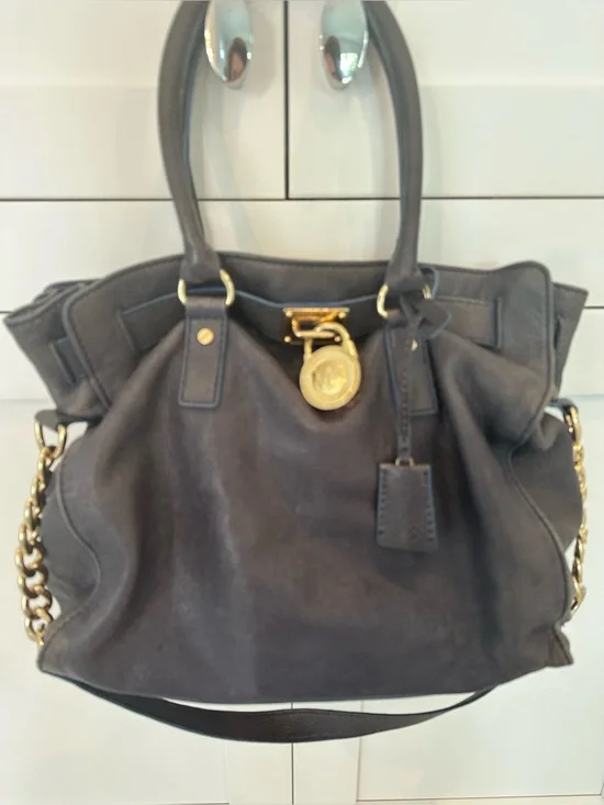 Michael Kors denim blue Leather Shoulder Tote with Gold Hardware.