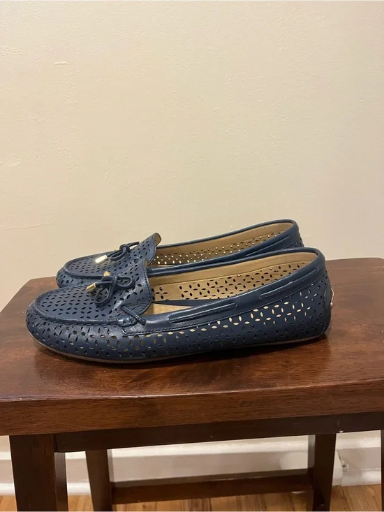 Michael Kors Navy Perforated Leather Loafers with Bow Accent