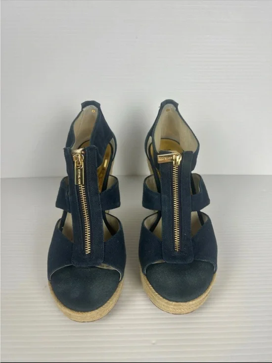 Michael Kors Navy Wedge Sandals with Gold Front Zipper