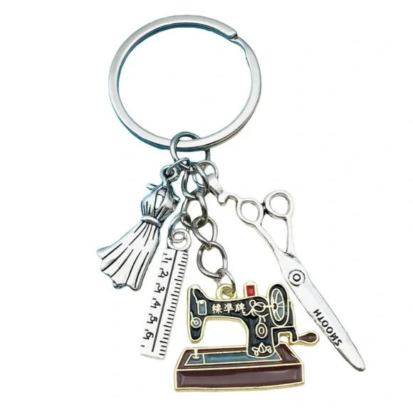 SEWING TOOLS Black Enamel Silvertone Keychain Bag Charm