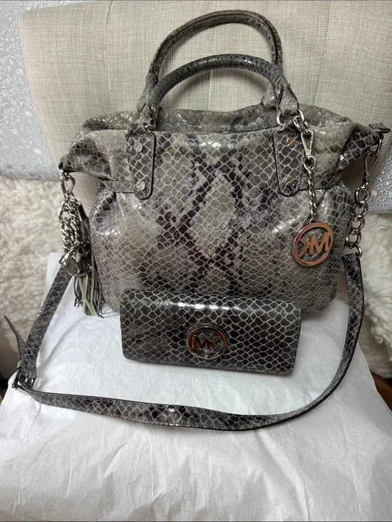 Michael Kors Gray Snake-Embossed Leather Satchel with Matching Wallet