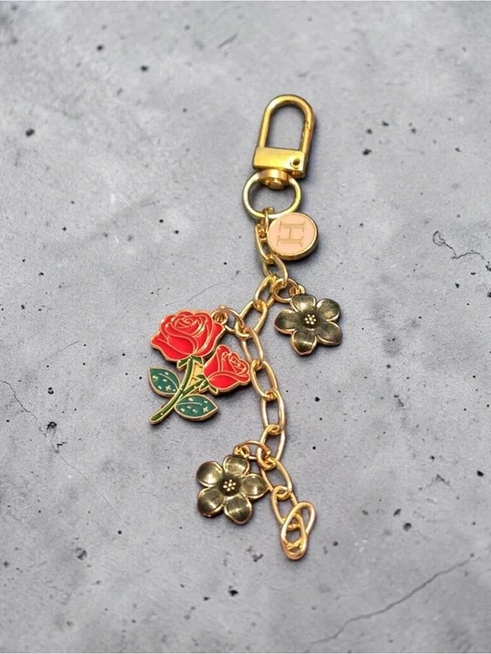 Gold Floral Rose Keychain Charm - Red & Green Accent new