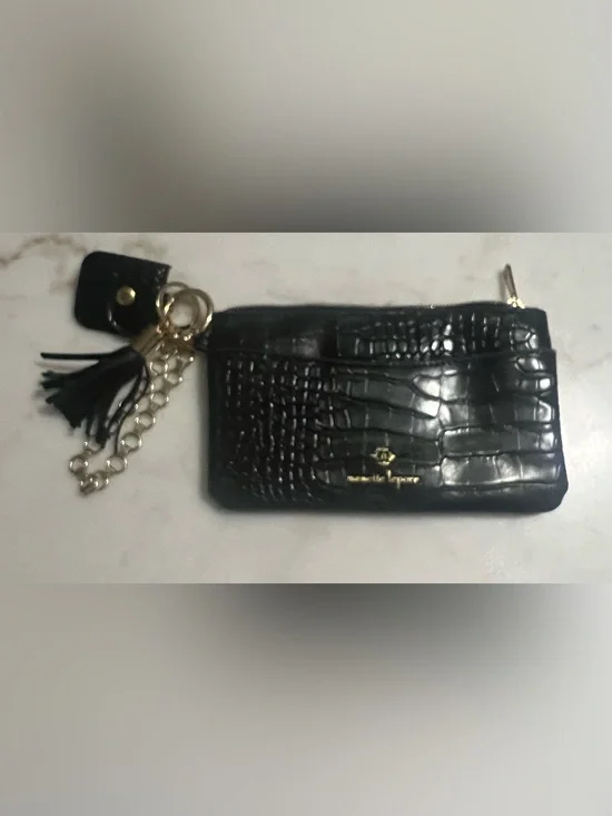Nanette Lepore Black Patent Leather Croc Embossed Wristlet Gold Chain Accents