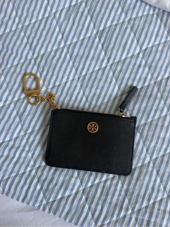 Tory Burch Robinson Black Saffiano Card Holder Zip Pouch with Gold Keychain