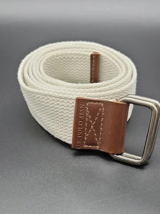 U.S. Polo Assn. Men's White/Brown Webbed Belt Adjustable Logo Metal Buckle 36