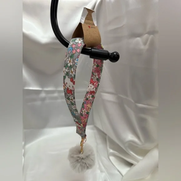 Handmade Kitty and Floral Wristlet Keychain with Gray Pompom
