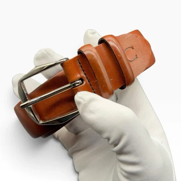 Canali Mens Leather Belt Cognac Brown Silver Buckle Made in Italy Size 90/105