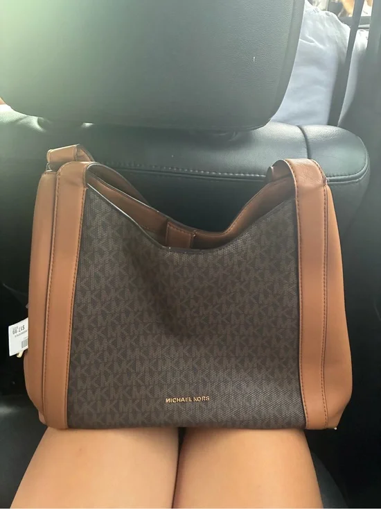 MICHAEL KORS Brown Monogram Canvas Shoulder Bag with Tan Trim