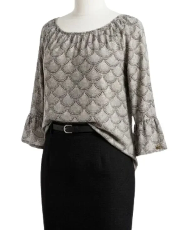 Michael Kors Blouse 3/4 Bell Sleeves Black White Shell Pattern Career, sz Large