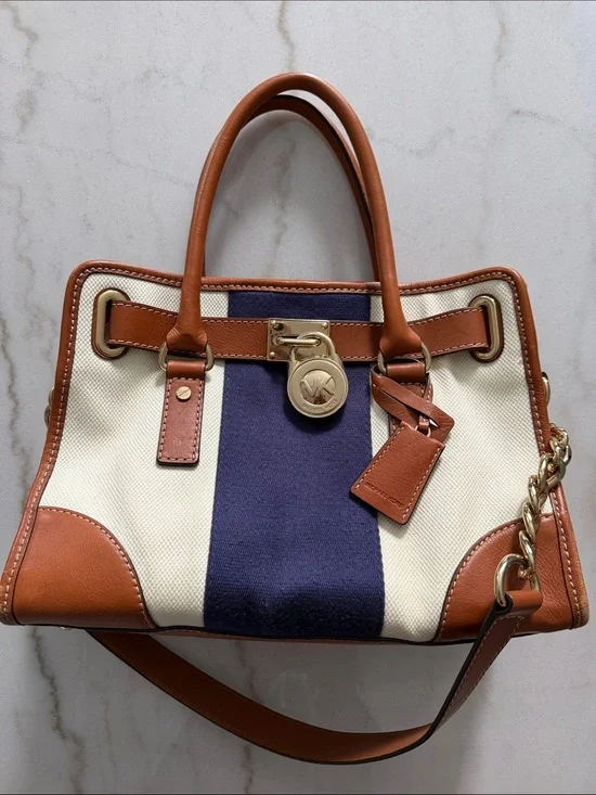 Michael Kors Cream & Navy Stripe Canvas Satchel with Tan Trim