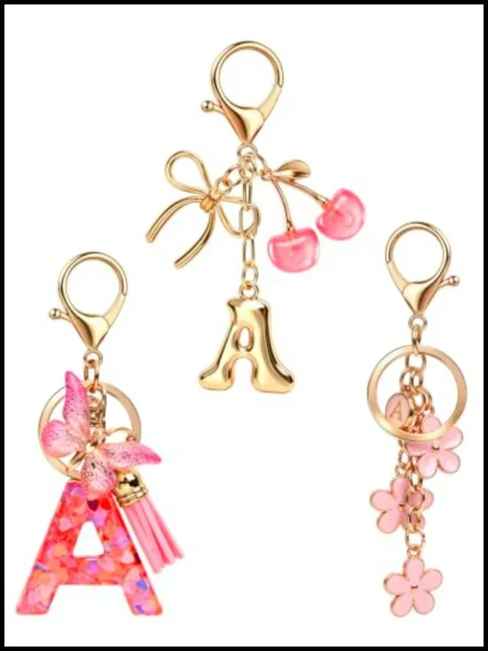3 Pack Floral Initial Keychains with Butterfly Tassel Charm - Metal Resin, Cute