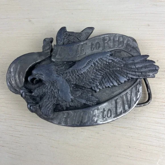 Vintage 1981 Bergamo Brass Works Live to Ride Eagle Belt Buckle Made in USA
