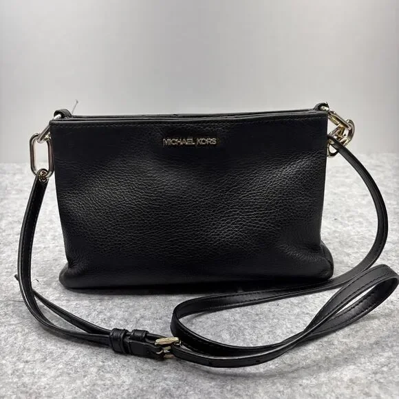 Michael Kors Trisha Medium Crossbody Bag Black Pebbled Leather Sectioned Luxe