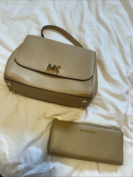 Michael Kors Beige Leather Top-Handle Satchel with Matching Zip Wallet