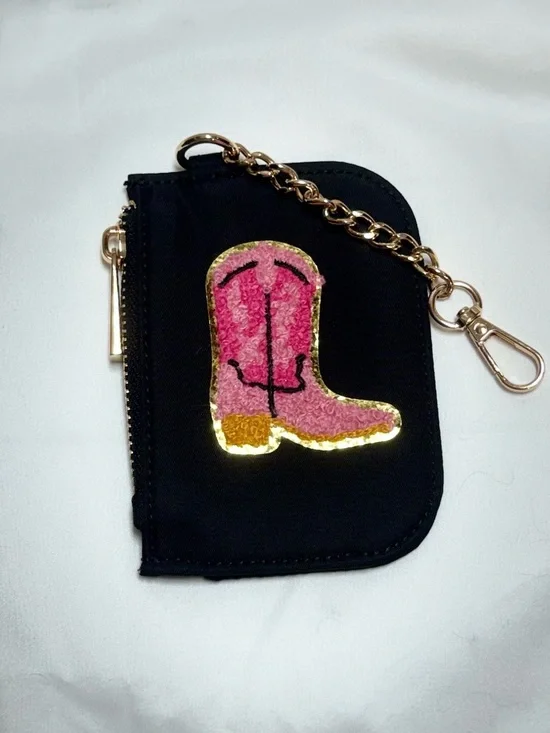 Black Key Pouch with Pink Sequin Boot Charm and Gold Chain