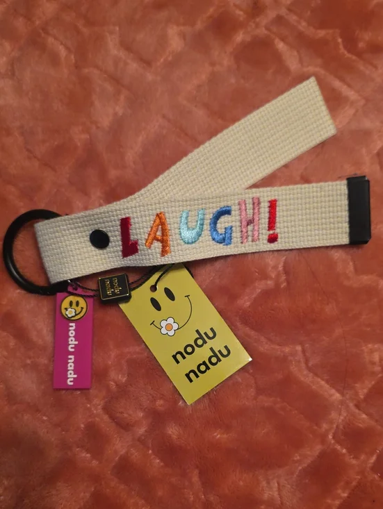 Cream 'LAUGH!' Embroidered Key & Card Wristlet