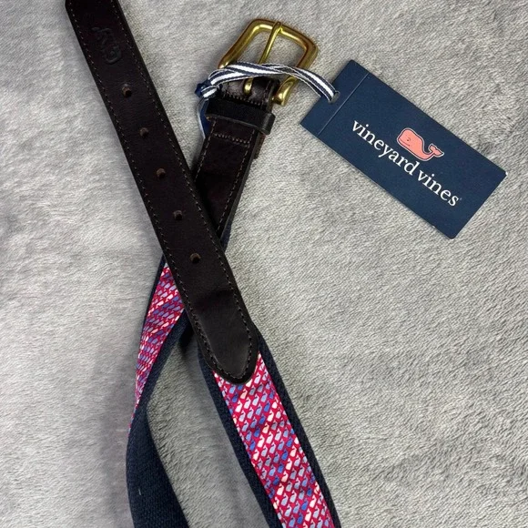 Vineyard Vines Club Belt Mens 30 Pink Sky Ombre Whale Canvas Leather 1A5013