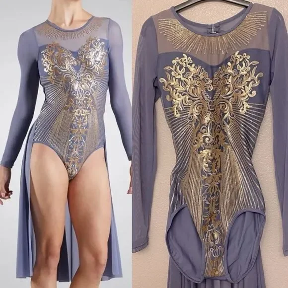 WEISSMAN Elite solo Dance costume slate blue Radiant Sequin Mesh Dress D11490 SA