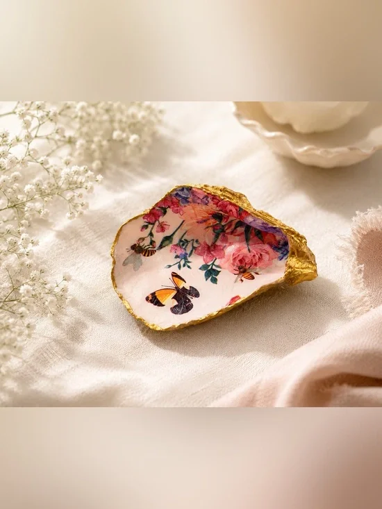Floral Butterfly Decorative Natural Oyster Jewelry Dish