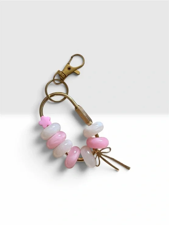 Handmade Pink & White Bead Keychain with Brass Hardware