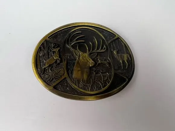 Deer Elk Buck Doe Wildlife Nature Scene Hunting Brass Tone Hunters Belt Buckle