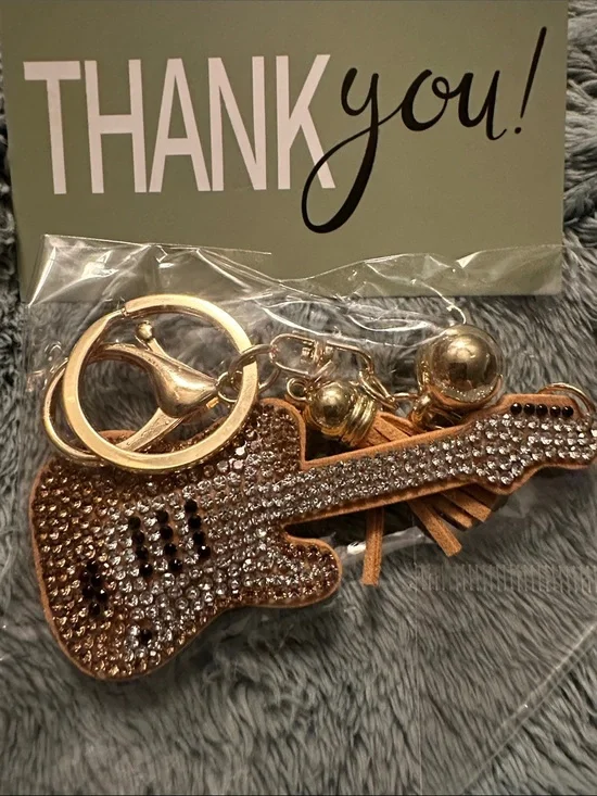 Rhinestone Guitar Keychain Charm in Gold