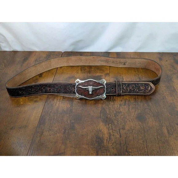 Justin Mens Classic Longhorn Tooled Leather Western Belt Brown C11194 Size 44