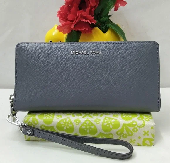 Michael Kors Gray Crossgrain Leather Zip Around Credit Card Wallet