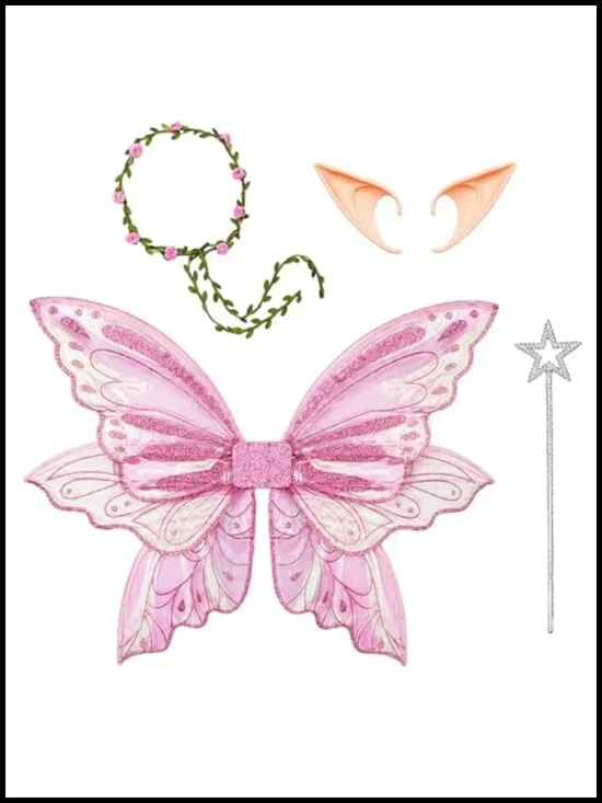 4 Pcs Fairy Wings Cosplay Set with Elf Ears Flower Crown for Halloween