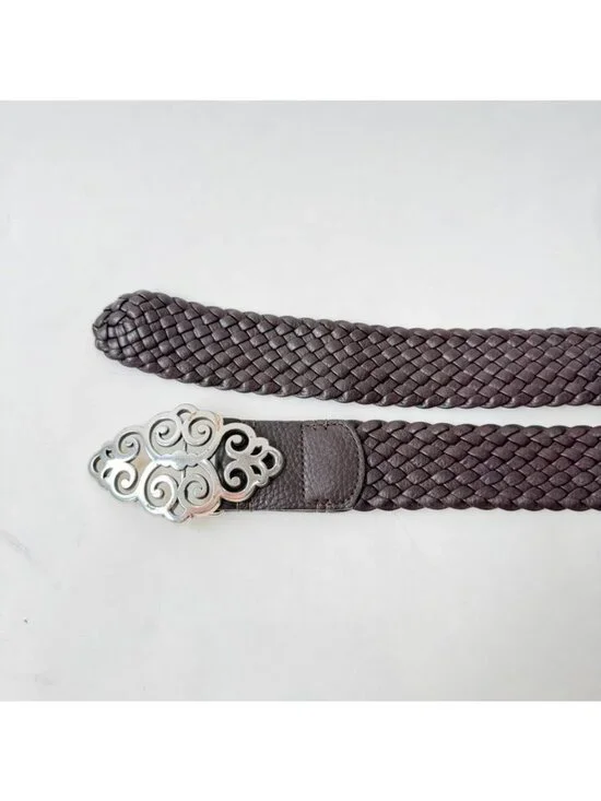 Brighton Braided Leather Belt Brown Silver Scroll Buckle Women's Size 40
