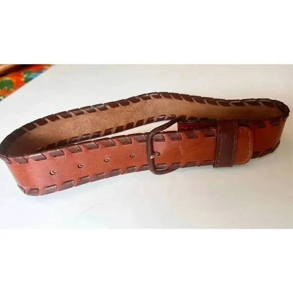 Vintage Brighton Brown‎ Tan Leather Vinyl Men’s Belt 31” Length