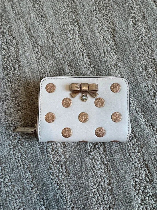 kate spade White Wallet with Rose Gold Glitter Polka Dots and Metallic Bow