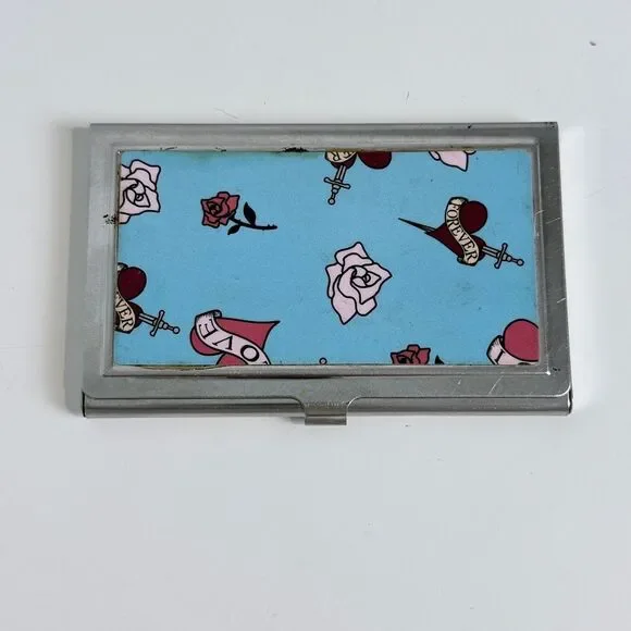 Silver Blue Tattoo Print Business Card Holder Y2K