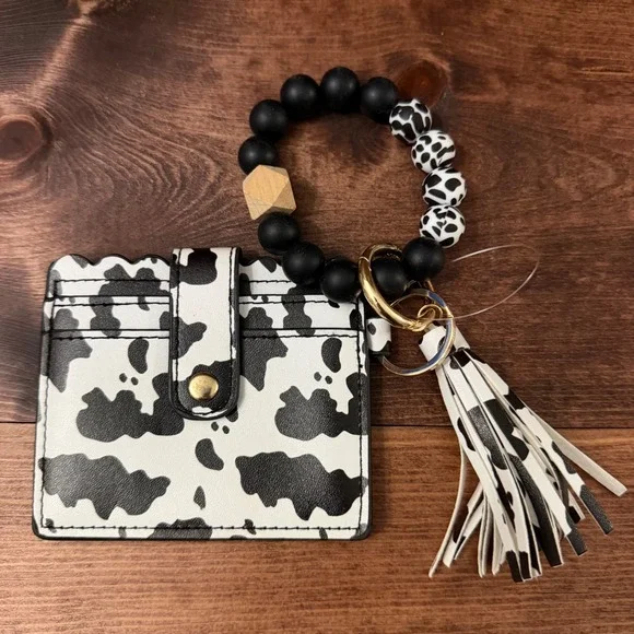 Cow Print Card Holder Wallet with Silicone Bead Wristlet Keychain Tassel Black