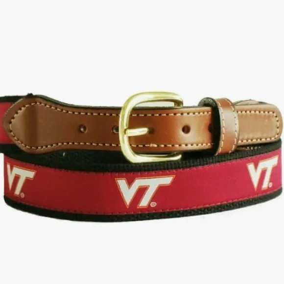 NWT Virginia Tech Hokies ribbon canvas belt with leather accents Sz 38