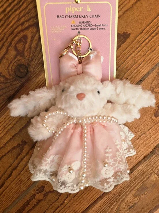 PIPER K Handcrafted  Plush Bunny Bag Charm Keychain  Lace Pearl Coquette NWT