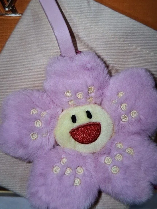 Plush Stuffed Lilac Flower Fur Key Charm with Gold Hardware
