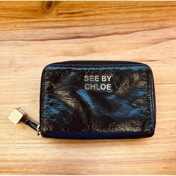 See By Chloe Black Leather  Zip Around Compact Wallet 6 Card Holder Snap Closure