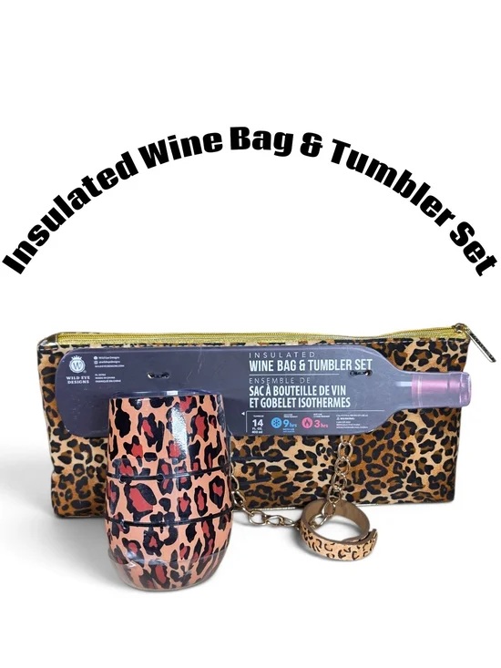 Insulated WILD EYE DESIGNS Leopard Print Wine Bag, Tumbler & Wristlet NWT! SET!