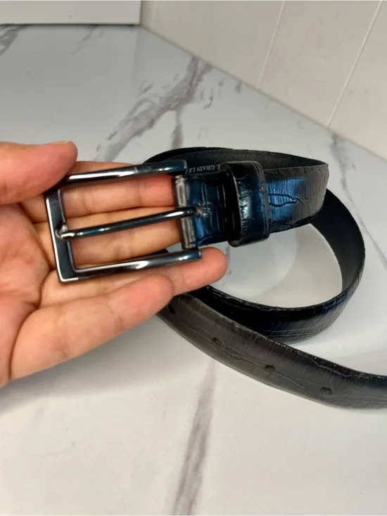 Black Croc-Embossed Leather Belt with Polished Black Buckle