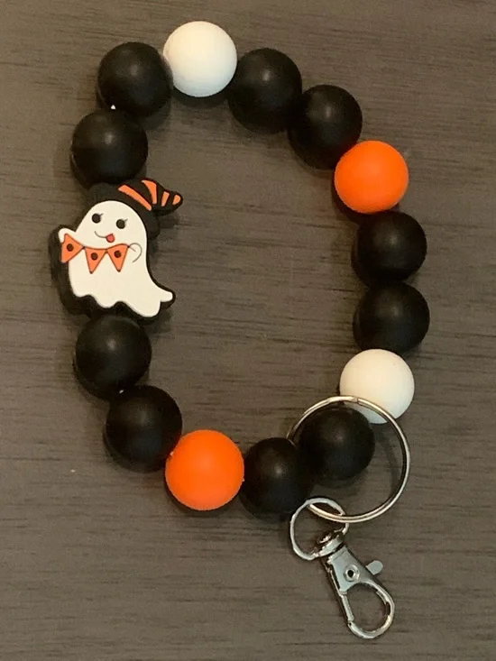🌸 Halloween Ghost Black White Orange Silicone Beaded Keychain Bracelet
