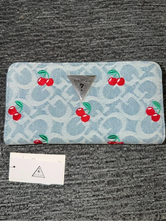 Guess Light Blue Denim Cherry Print Zip Wallet