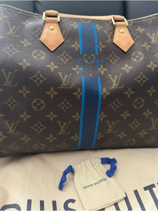 Louis Vuitton Brown Monogram Tote with Blue Racing Stripe