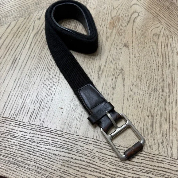 Lacoste Men's Size Large Black Cloth Leather Belt Silver‎ Buckle