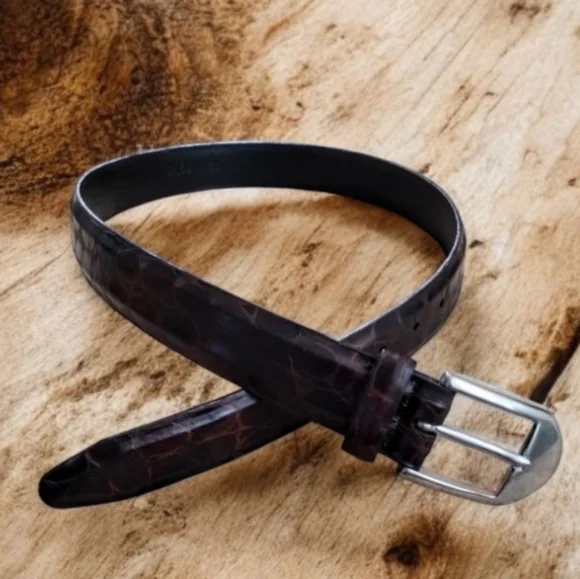 Cole Haan Dark Brown Alligator Embossed Leather Belt With Solid Brass Buckle