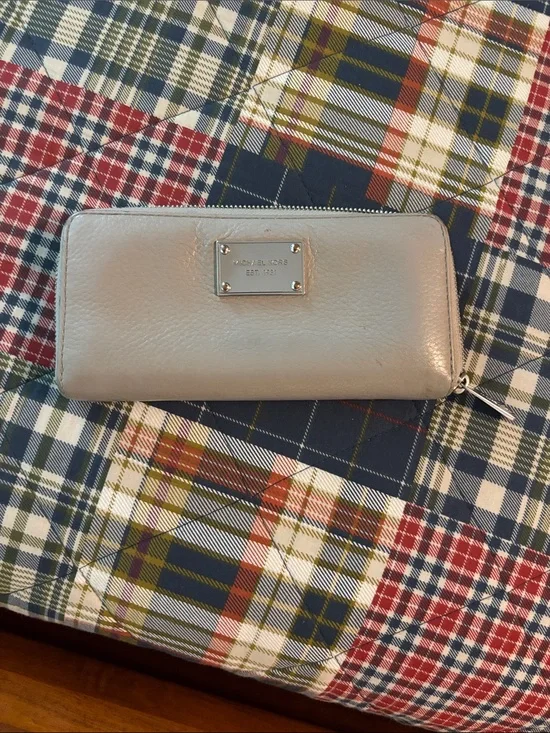 Michael Kors Gray Leather Zip Wallet with Metal Logo Plaque
